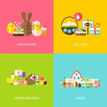 Happy Easter Greetings Flat Concepts Set Stock Illustration
