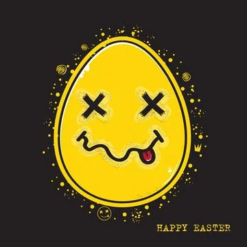 Happy Easter Grunge greeting card with yellow grunge egg smile isolated on black Stock Illustration