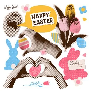 Happy Easter halftone collage artwork minimal paper stickers of arms picking Stock Illustration