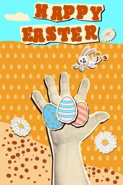 Happy Easter halftone retro collage poster Stock Illustration