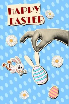 Happy Easter halftone retro collage poster Stock Illustration