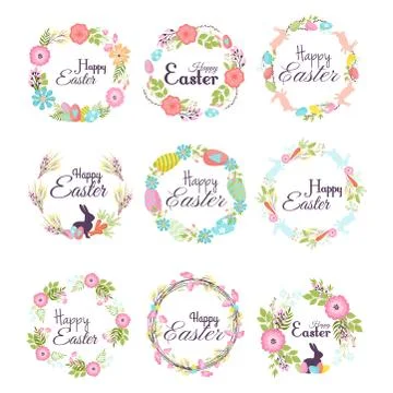 Happy easter hand drawn badge hand lettering greeting decoration natural wreath Stock Illustration