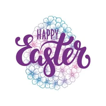 Happy Easter Hand drawn calligraphy and brush pen lettering with pink flora.. 库存插图