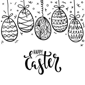 Happy Easter Hand drawn calligraphy and brush pen lettering with frame of d.. 스톡 일러스트