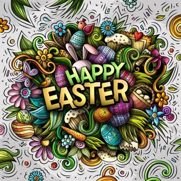 Happy Easter hand drawn cartoon doodles illustration. 스톡 일러스트