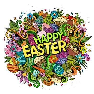 Happy Easter hand drawn cartoon doodles illustration. 스톡 일러스트