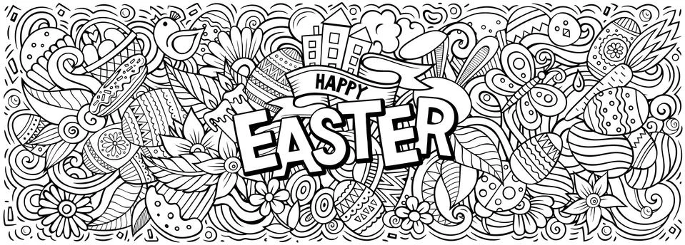 Happy Easter hand drawn cartoon doodles illustration. 스톡 일러스트