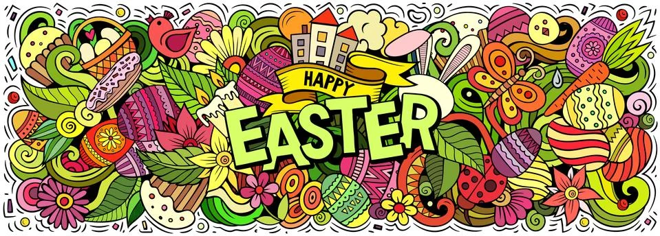 Happy Easter hand drawn cartoon doodles illustration. 스톡 일러스트