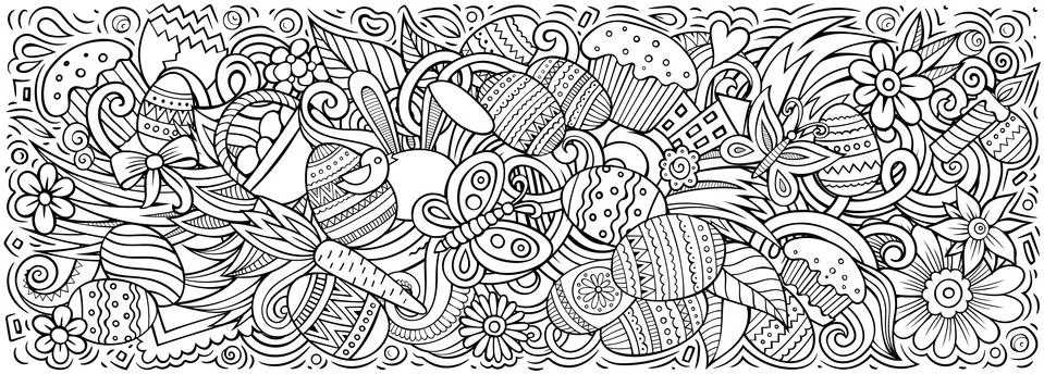 Happy Easter hand drawn cartoon doodles illustration. イラスト素材