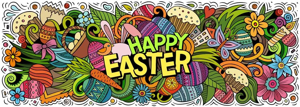 Happy Easter hand drawn cartoon doodles illustration. 스톡 일러스트