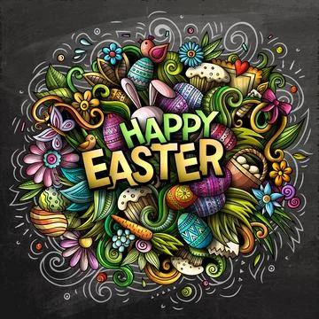 Happy Easter hand drawn cartoon doodles illustration. 스톡 일러스트