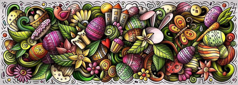 Happy Easter hand drawn cartoon doodles illustration. 스톡 일러스트
