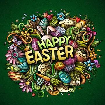 Happy Easter hand drawn cartoon doodles illustration. 스톡 일러스트