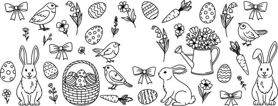 Happy Easter Hand Drawn Doodle Elements: Bunnies, Eggs, Birds, Carrots and .. Ilustração Stock