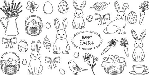 Happy Easter Hand-Drawn Elements: Bunnies, Eggs, Baskets, Flowers, Carrots,.. Иллюстрация