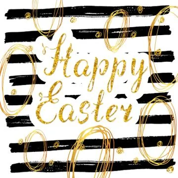 Happy Easter hand drawn greeting card with lettering and sketched doodle elem Stock Illustration