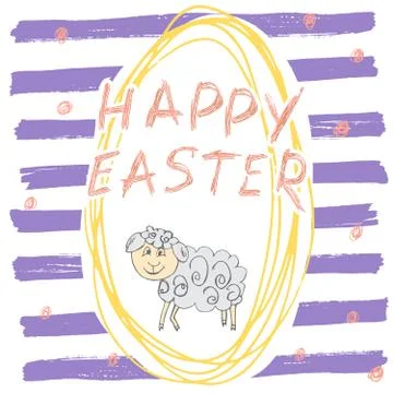 Happy Easter hand drawn greeting card with lettering and sketched doodle elem Stock Illustration