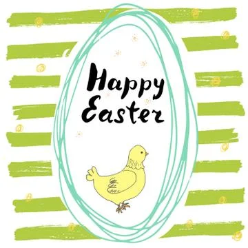 Happy Easter hand drawn greeting card with lettering and sketched doodle elem Stock Illustration