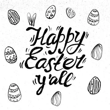 Happy Easter Hand drawn lettering with eggs and rabbit ears. design for holiday Stock Illustration