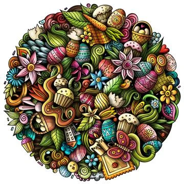 Happy Easter hand drawn raster doodles illustration. Color funny picture. イラスト素材