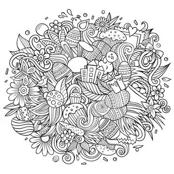Happy Easter hand drawn raster doodles illustration. Color funny picture. 스톡 일러스트