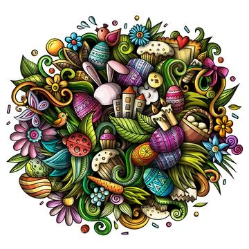 Happy Easter hand drawn raster doodles illustration. Color funny picture. Illustrazione stock