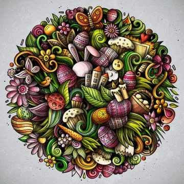 Happy Easter hand drawn vector doodles illustration. Color funny picture. 스톡 일러스트