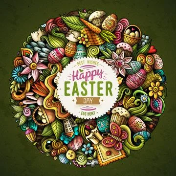Happy Easter hand drawn vector doodles illustration. Color funny picture. 스톡 일러스트