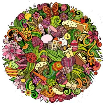 Happy Easter hand drawn vector doodles illustration. Color funny picture. 스톡 일러스트
