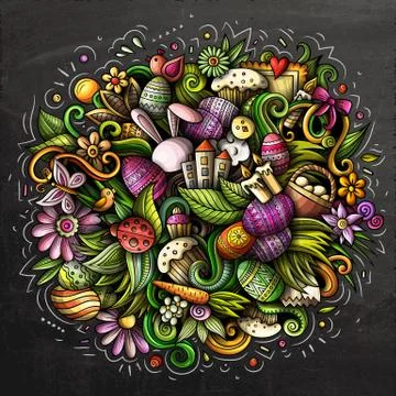 Happy Easter hand drawn vector doodles illustration. Color funny picture. 스톡 일러스트