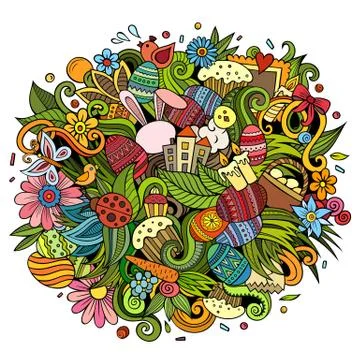 Happy Easter hand drawn vector doodles illustration. Color funny picture. イラスト素材