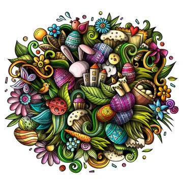 Happy Easter hand drawn vector doodles illustration. Color funny picture. 스톡 일러스트