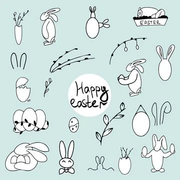 Happy Easter hand drawn vector doodles rabbit, eggs and plant Stock Illustration