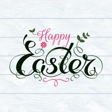 Happy easter hand lettering typography with floral decorations. Handwritten Stock Illustration