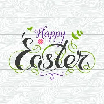 Happy easter hand lettering typography with floral decorations. Handwritten Stock Illustration
