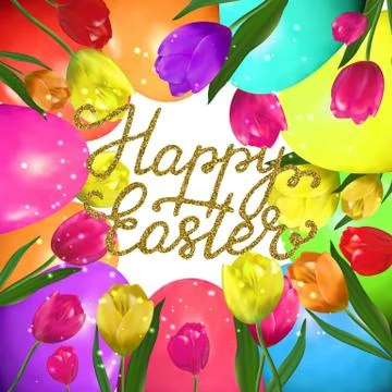 Happy Easter - hand written lettering with gold glitter texture, egg hunt pos Stock Illustration