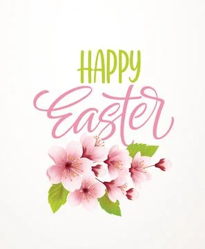 Happy Easter handwriting lettering on background with blooming spring cherry Stock Illustration