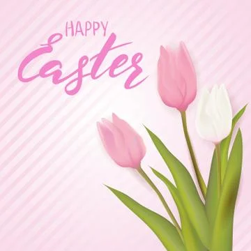 Happy Easter handwritten greeting card. Pink colored with spring tulips. Stock Illustration