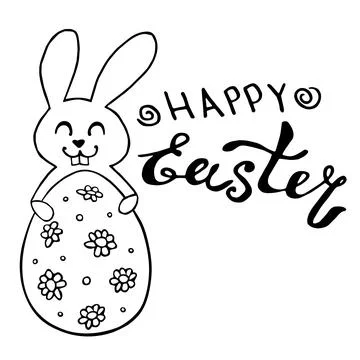 HAPPY EASTER - handwritten lettering with cute funny contoured easter bunny w Stock Illustration