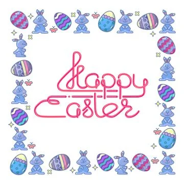 Happy Easter. Handwritten lettering with egg and bunny. Vector. Illustrazione stock