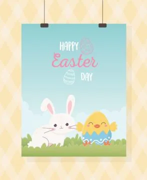 Happy easter hanging card cute rabbit and chicken in eggshell grass Illustrazione stock