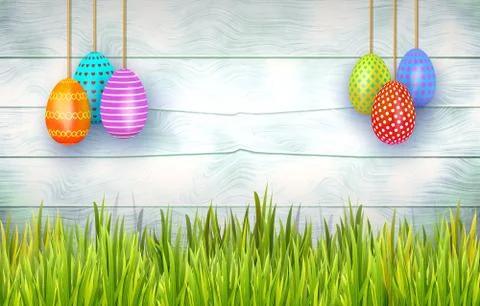 Happy Easter hanging decorated eggs on white background with green grass. Ban Stock Illustration