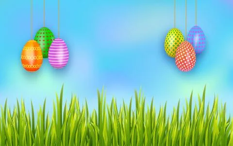 Happy Easter hanging painted eggs on sky background with green grass. Poster. Stock Illustration
