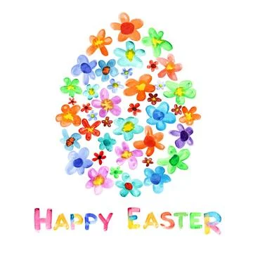 Happy Easter Happy Easter - Egg of watercolor flowers and greeting Copyrig... Stock Photos