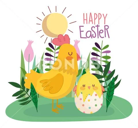 Happy easter hen and chicken in eggshell grass flowers decoration Stock Illustration