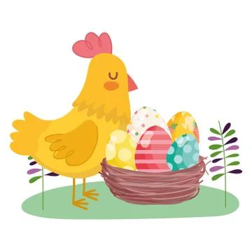Happy easter hen with basket filled eggs decoration Stock Illustration