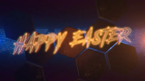 Happy Easter on hexagons pattern with cyberpunk HUD elements Stock Footage 236178084