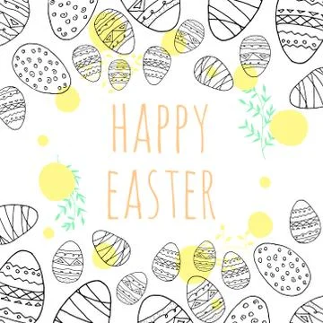 Happy Easter. Hiloday frame with Easter eggs and leaves. Illustrazione stock