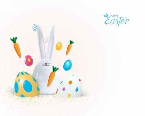 Happy Easter holiday background. Festive design with realistic 3d bunny and Illustrazione stock