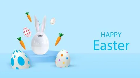 Happy Easter holiday background. Festive design with realistic 3D bunny and Stock Illustration